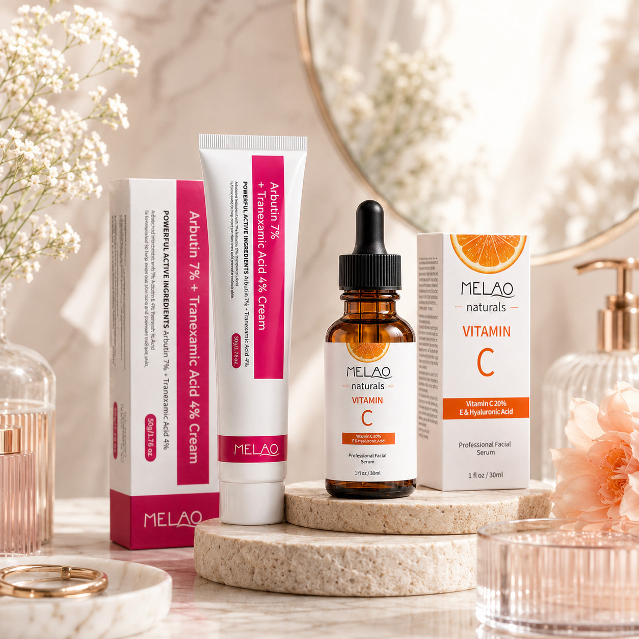 Advanced Dark Spot Corrector Set – 20% Vitamin C Serum & 7% Arbutin + 4% Tranexamic Acid Cream Duo
